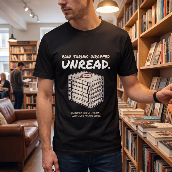 "Raw. Shrink-Wrapped. Unread." Funny Book Collector & Reader Staple T-Shirt